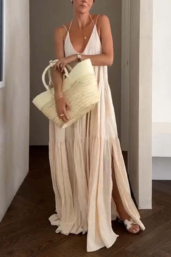 Women's casual solid color pleated beach strap maxi dress