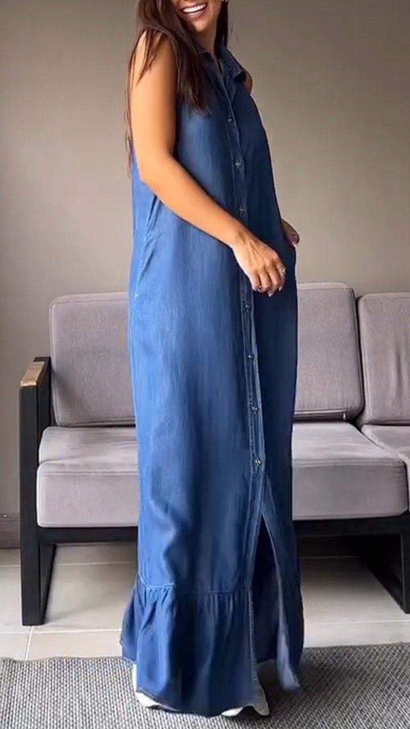 Thin Denim Sleeveless Lapel Dress