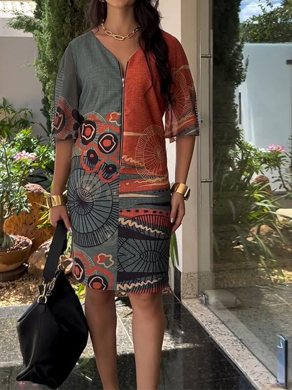 Casual V-neck Half-zip Printed Dress