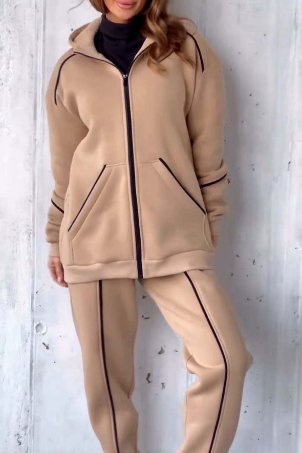 Women's Casual Contrast Trimmed Hooded Sports Suit