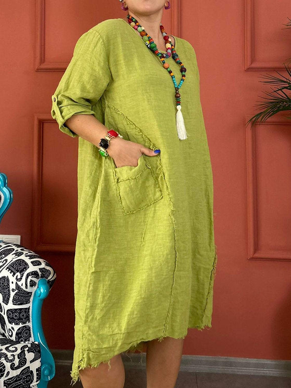 Women's Casual Solid Color Pocket Mid-Sleeve Cotton and linen Dress