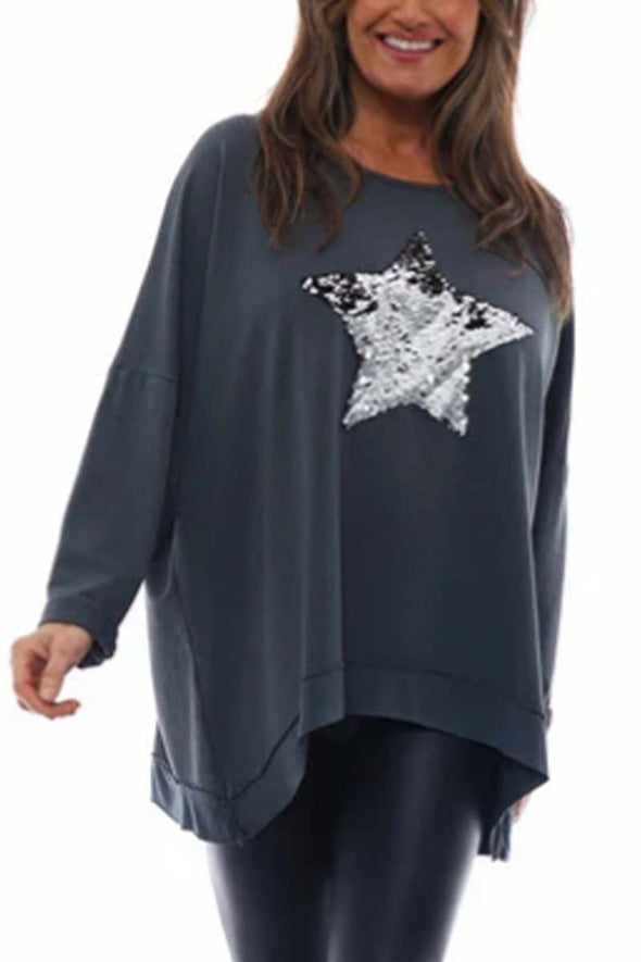 Women's Casual Loose Sequin Patch Long Sleeve T-Shirt