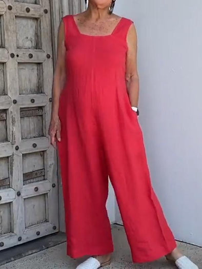 Women Casual Plain Cotton and Linen Jumpsuit