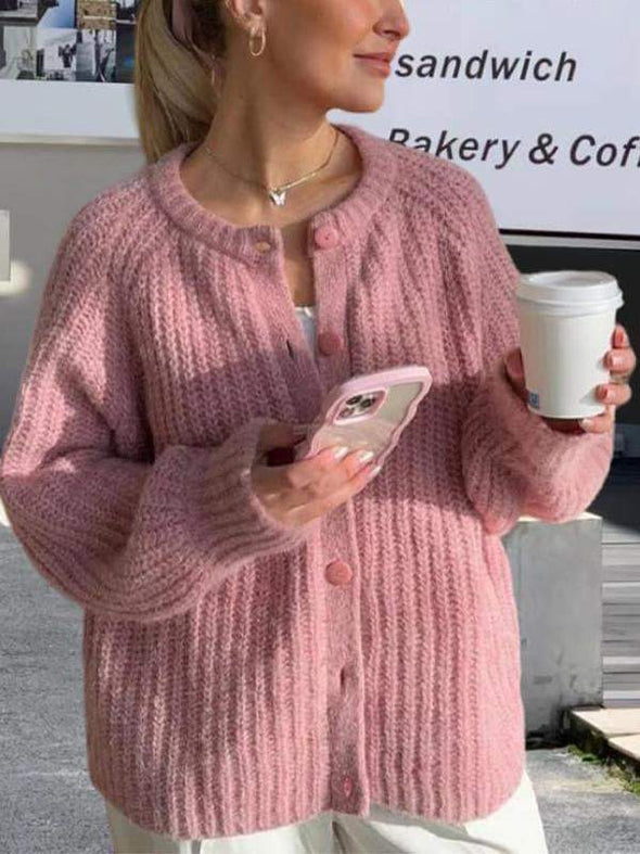 Women's Round Neck Single Breasted Solid Color Knitted Cardigan