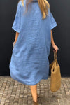 V-neck Buttoned Cotton and Linen Dress