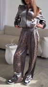 Leopard Print Satin Casual Crew Neck Zipper Cardigan Suit