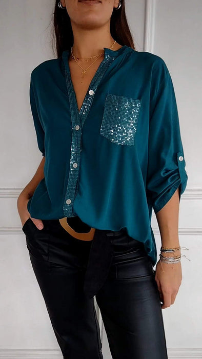 Cotton V-neck Sequin Mid-sleeve Casual Top