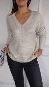 Women's V-neck Long-sleeved Top with Gold Stamping