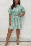 Stripe rouch sleeve belted dress