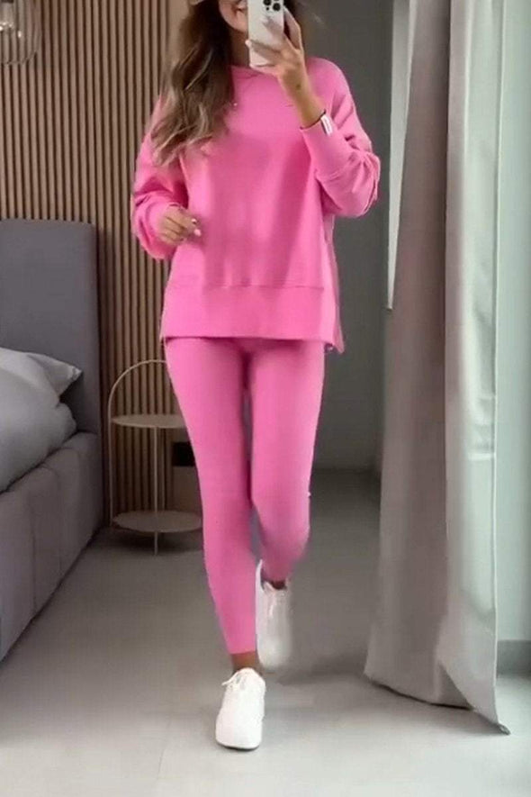 Women's Casual Round Neck Solid Color Side Opening Two Piece Suit