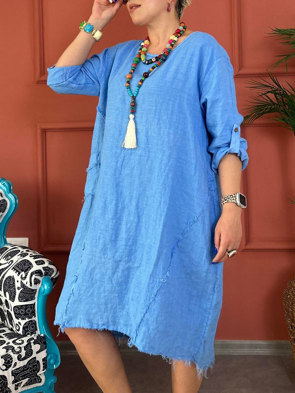 Women's Casual Solid Color Pocket Mid-Sleeve Cotton and linen Dress