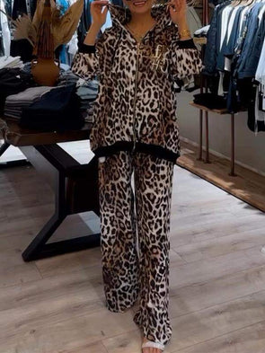 Women's Casual Hooded Leopard Print Two-piece Suit