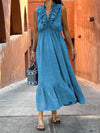 Ruffled neckline solid color cotton and linen dress