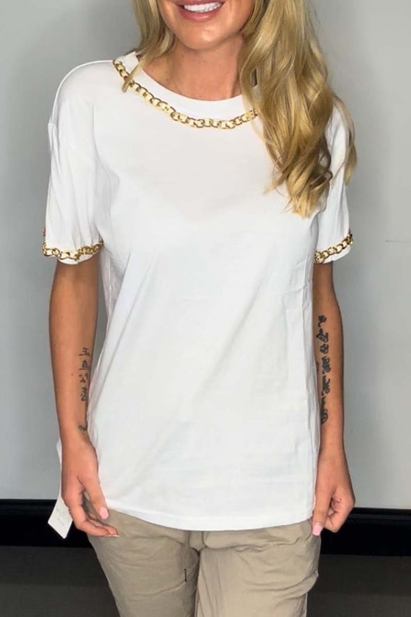 Casual chain stitching solid color T-shirt