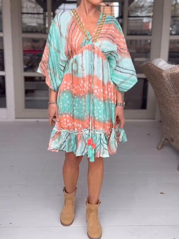 Casual V-neck Color Block Printed Short Dress