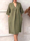 Comfortable spring and summer cotton and linen v-neck solid color dress