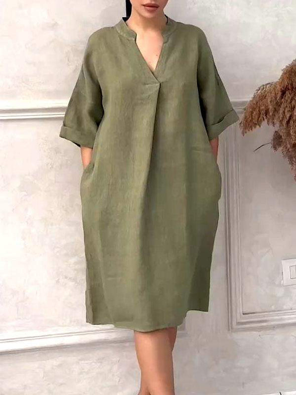 Comfortable spring and summer cotton and linen v-neck solid color dress