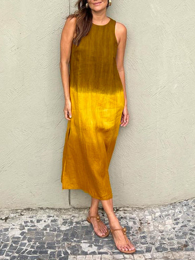 Women's casual cotton and linen sleeveless slit gradient tie-dye long dress