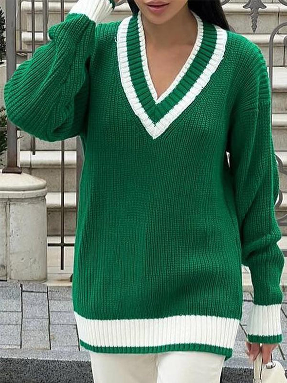 Women's V-neck Long Sleeve Knitted Sweater