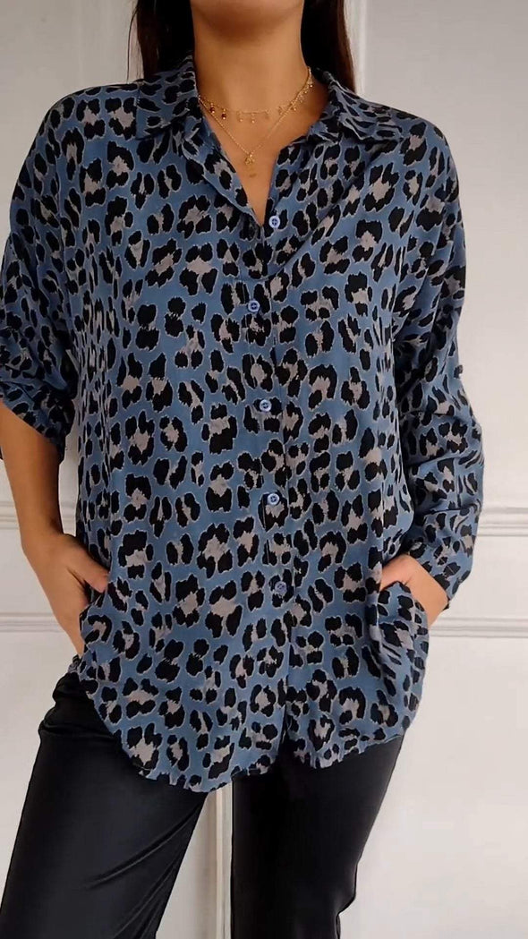 Lapel Mid-Sleeve Leopard Print Casual Top