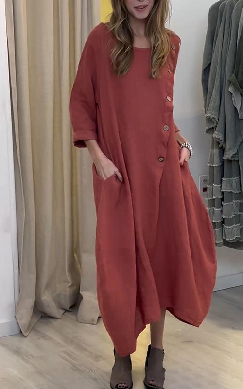 Women's Casual Round Neck Solid Color Cotton and Linen Dress