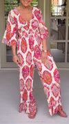 V-neck Casual Mid-sleeve Printed Jumpsuit