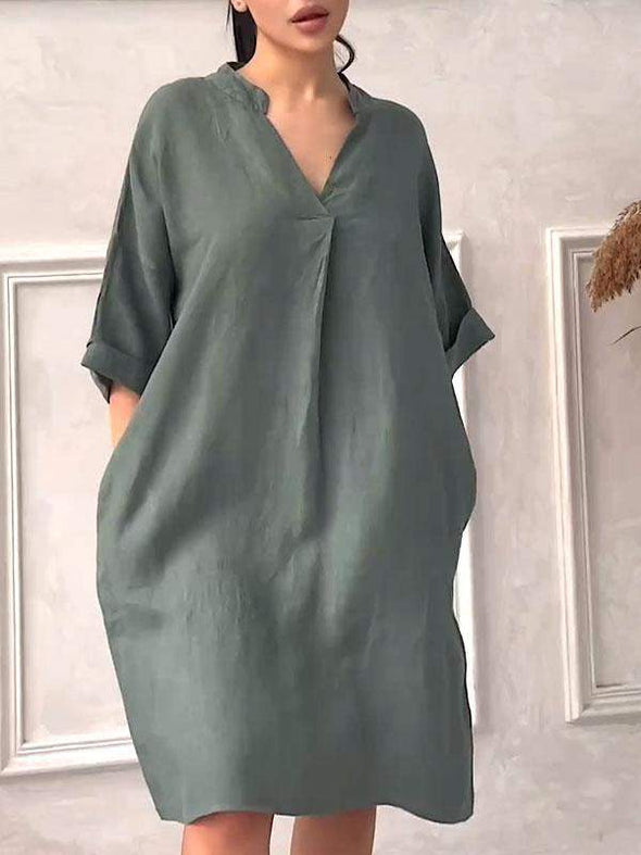 Comfortable spring and summer cotton and linen v-neck solid color dress