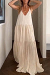 Women's casual solid color pleated beach strap maxi dress