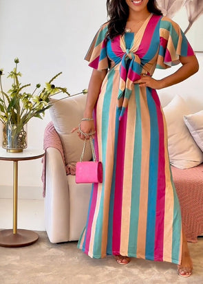 V-neck Short-sleeved Rainbow Striped Dress