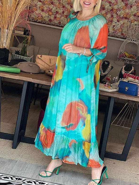 One-shoulder Chiffon Printed Mid-sleeve Dress