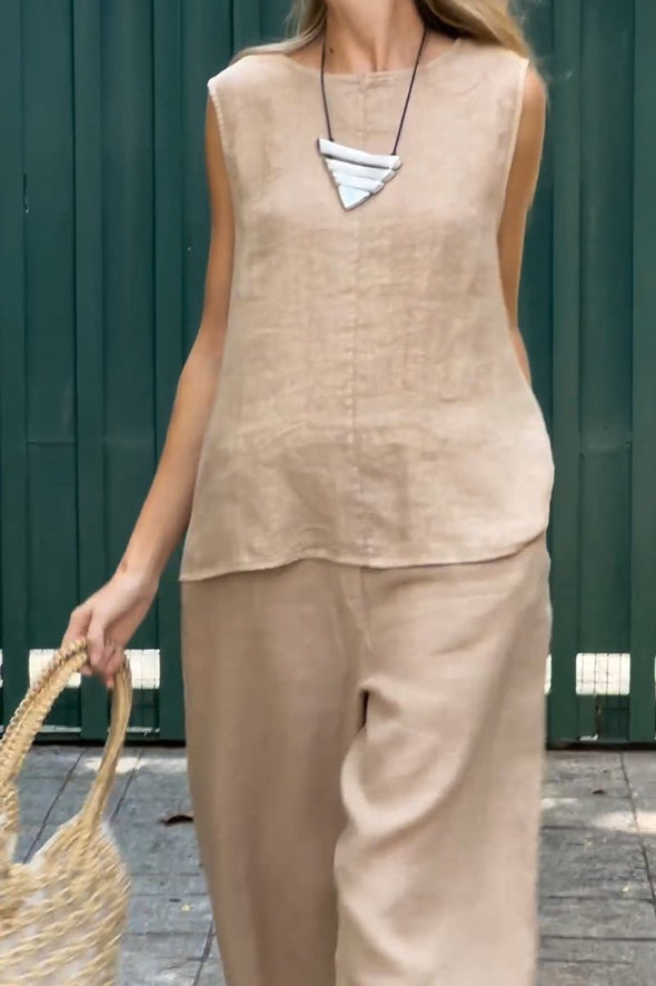 Solid color cotton and linen sleeveless suit