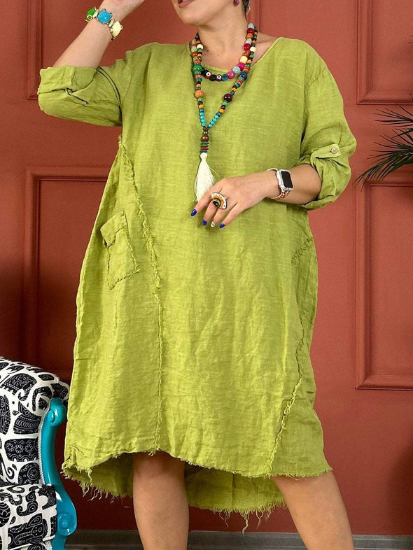 Women's Casual Solid Color Pocket Mid-Sleeve Cotton and linen Dress