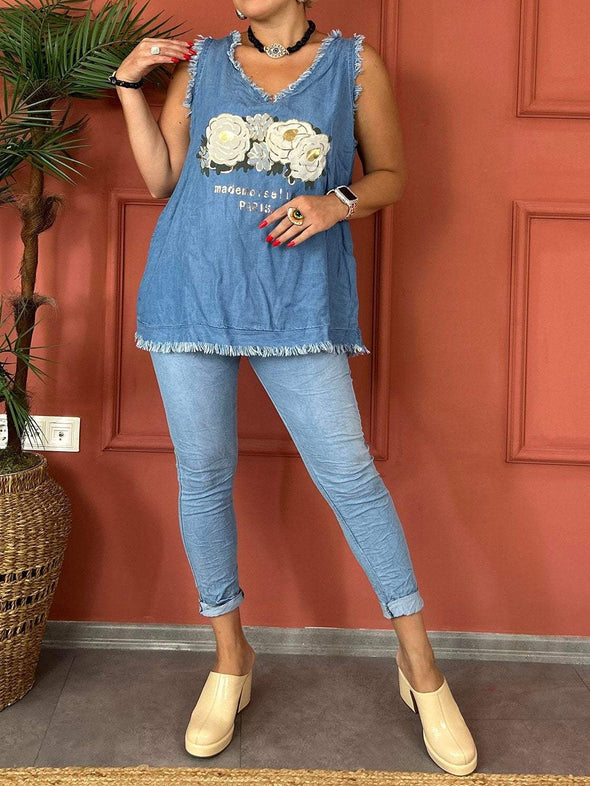 Women's Casual Printed Denim Sleeveless T-Shirt