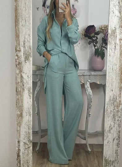 Women's Casual Solid Color Top and Wide Leg Pants Set