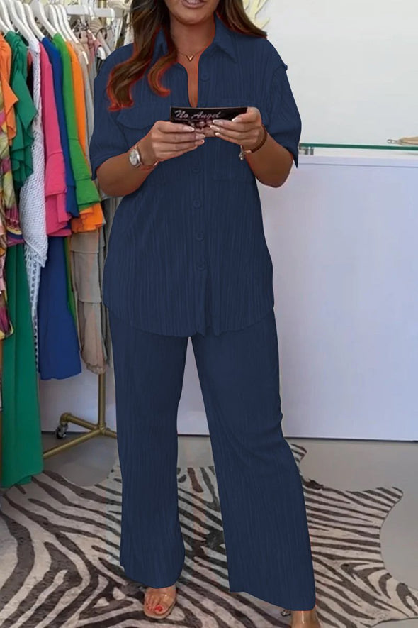 Pleated fabric top and pants suit