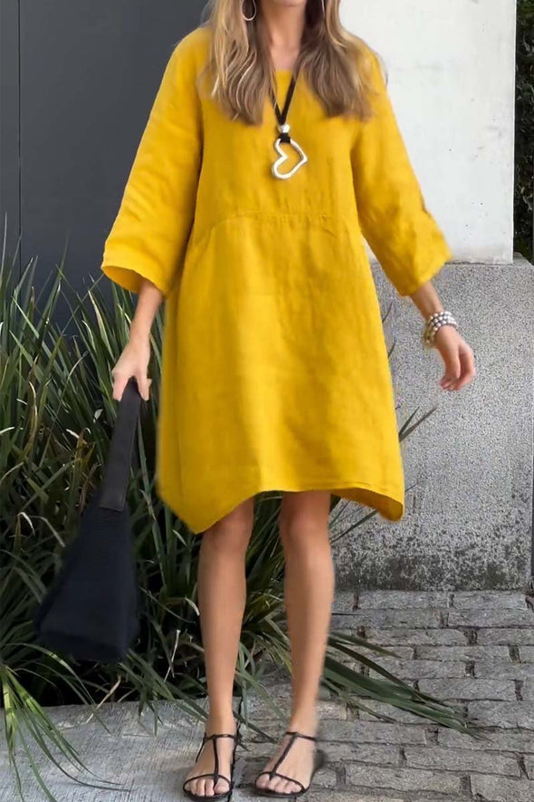 Casual solid color cotton and linen dress