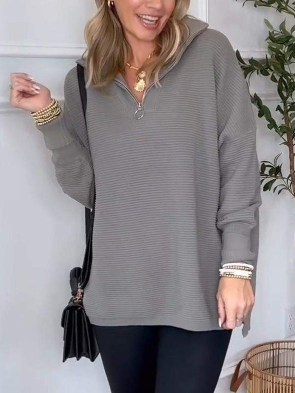 Women's Casual V-neck Half-zip Long-sleeved Top