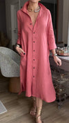 Cotton and Linen Lapel Casual Mid-sleeve Dress