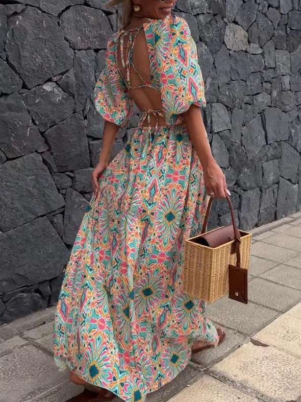 Summer vacation print dress with hollow waist