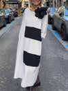 Stylish Striped Comfortable Women's Round Neck Long Dress (Including Shoulder Flowers)