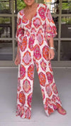 V-neck Casual Mid-sleeve Printed Jumpsuit