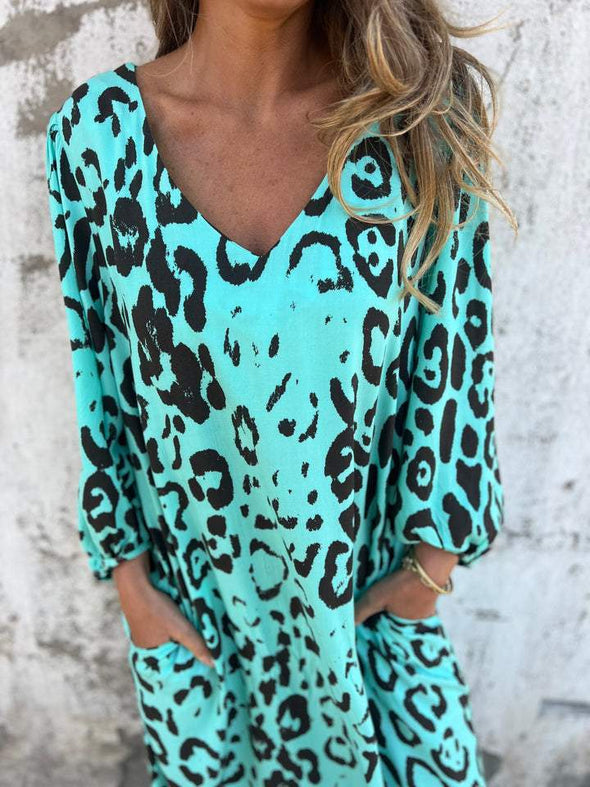 Women's V-neck Long-sleeved Leopard Print Dress