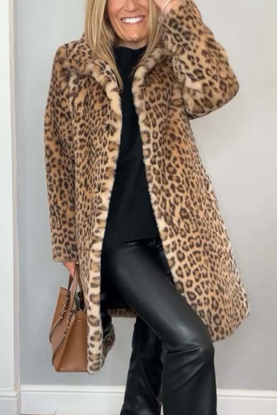 Women's Fashionable Leopard Lapel Faux Fur Winter Mid-Length Coat