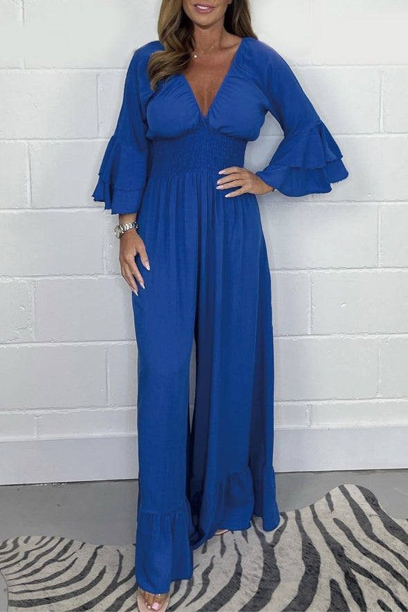 Solid color V-neck jumpsuit