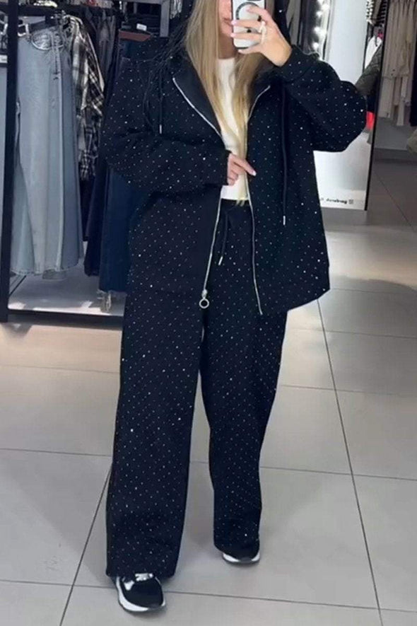 Women's Casual Hooded Rhinestone Two-piece Suit