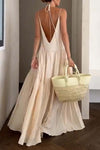 Women's casual solid color pleated beach strap maxi dress