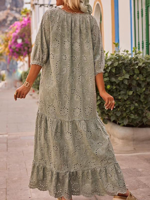 Casual V-neck Hollow Cotton and Linen Dress