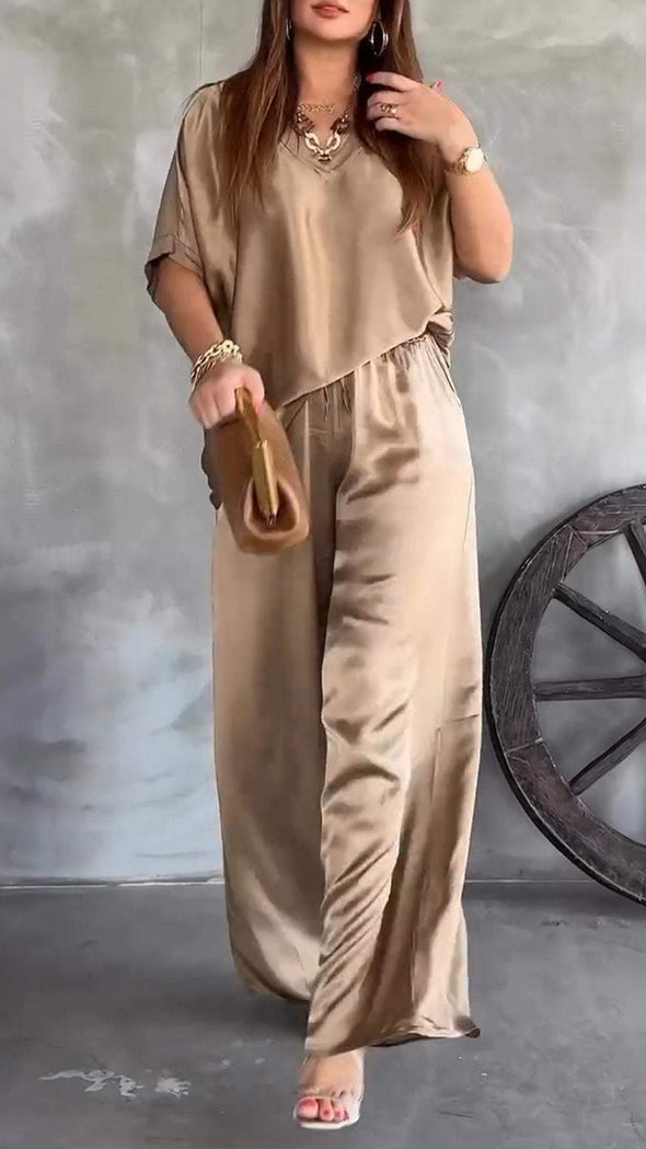 Satin V-neck Casual Suit