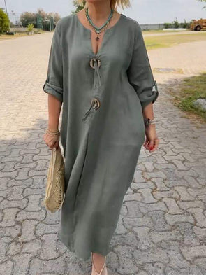 Casual V-neck Cotton and Linen Dress