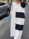 Stylish Striped Comfortable Women's Round Neck Long Dress (Including Shoulder Flowers)